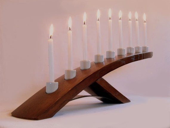 Green Ludwig, Eco friendly Menorah, recycled oak wine barrel stave candleholder, Nine white porcelain holders