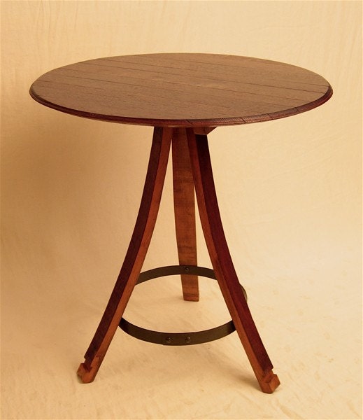 The Bistro round table recycled oak wine barrel, staves and head/top, 3 legs
