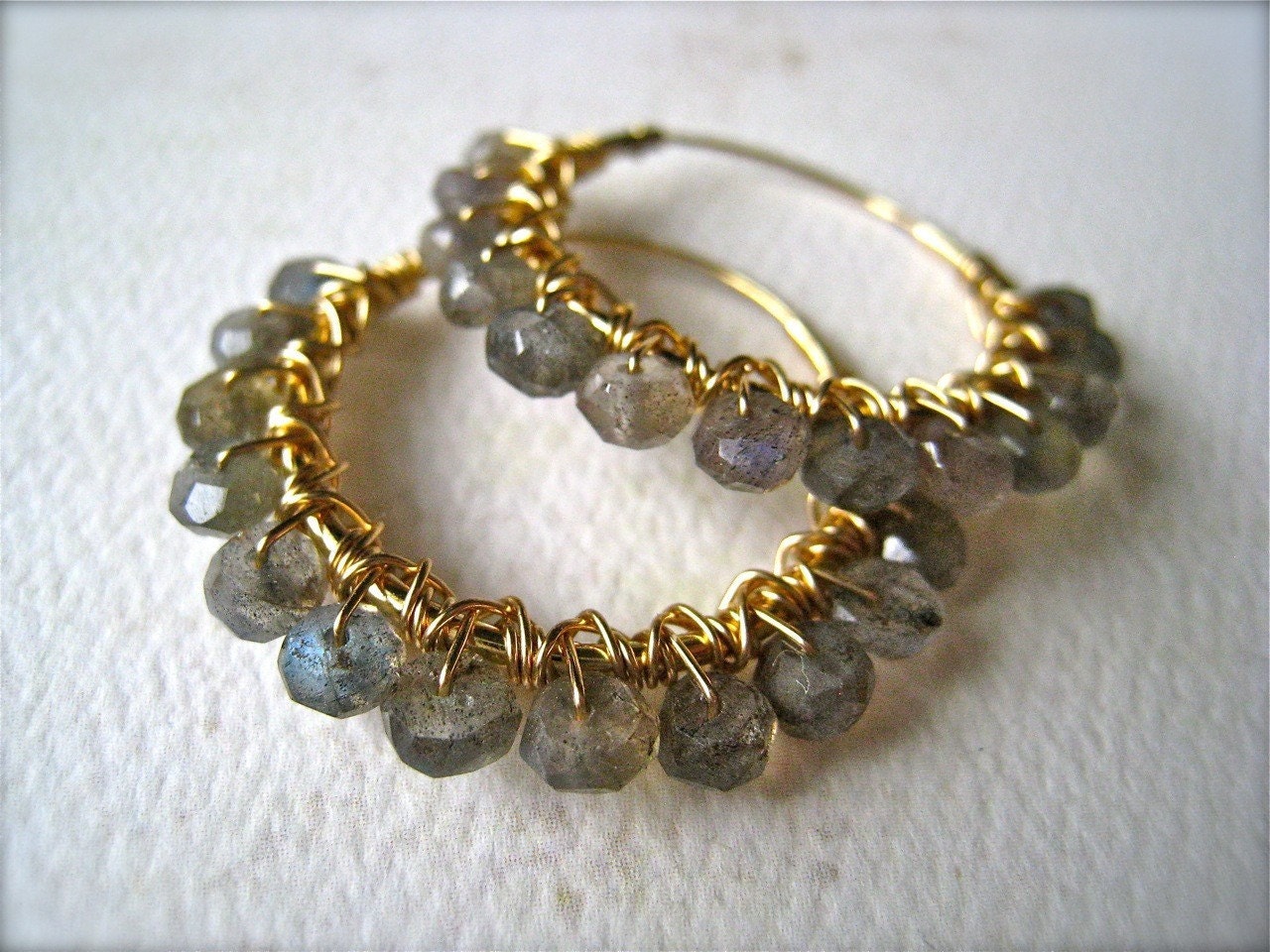 lightning storm earrings - labradorite wire wrapped hoop earrings, gold, organic
