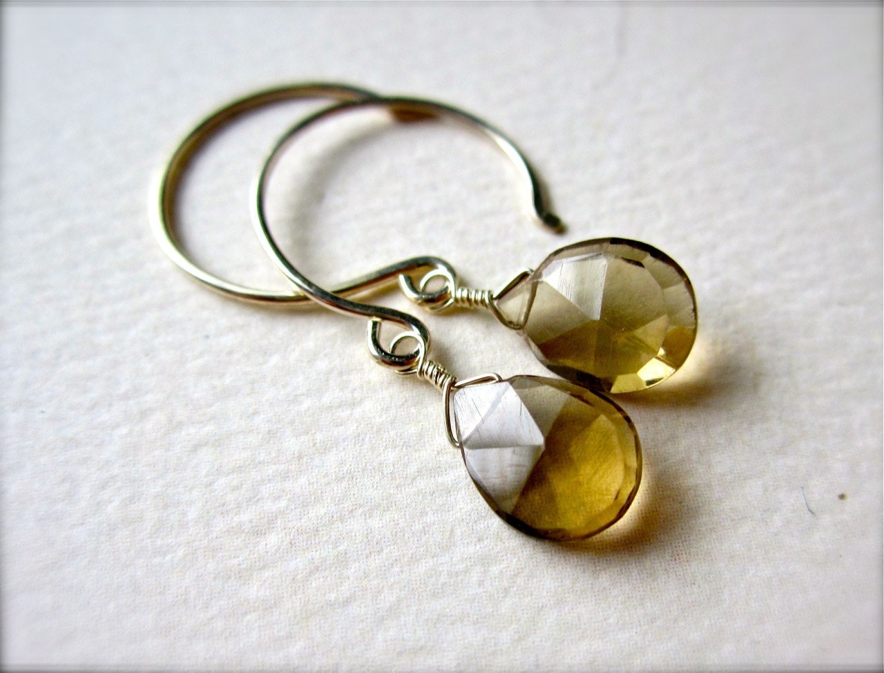 deadwood earrings - whiskey quartz gemstone earrings, wire wrapped, silver drops, handmade jewelry
