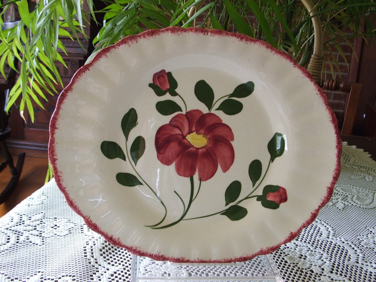Vintage Platter Blue Ridge Southern Potteries Red Nocturne Floral