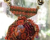 Bead woven semi precious gem stones necklace in brick, olive and gold Poppy Jasper Flowers in Bloom