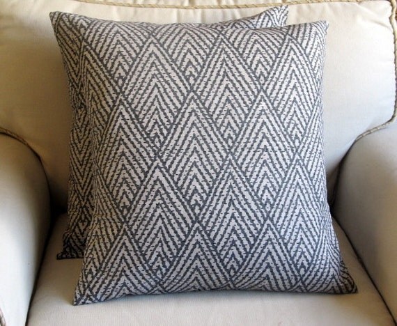 Ikat SAPPHIRE  on GRAY  pillow coverS 20x20 same fabric front and back--Pair