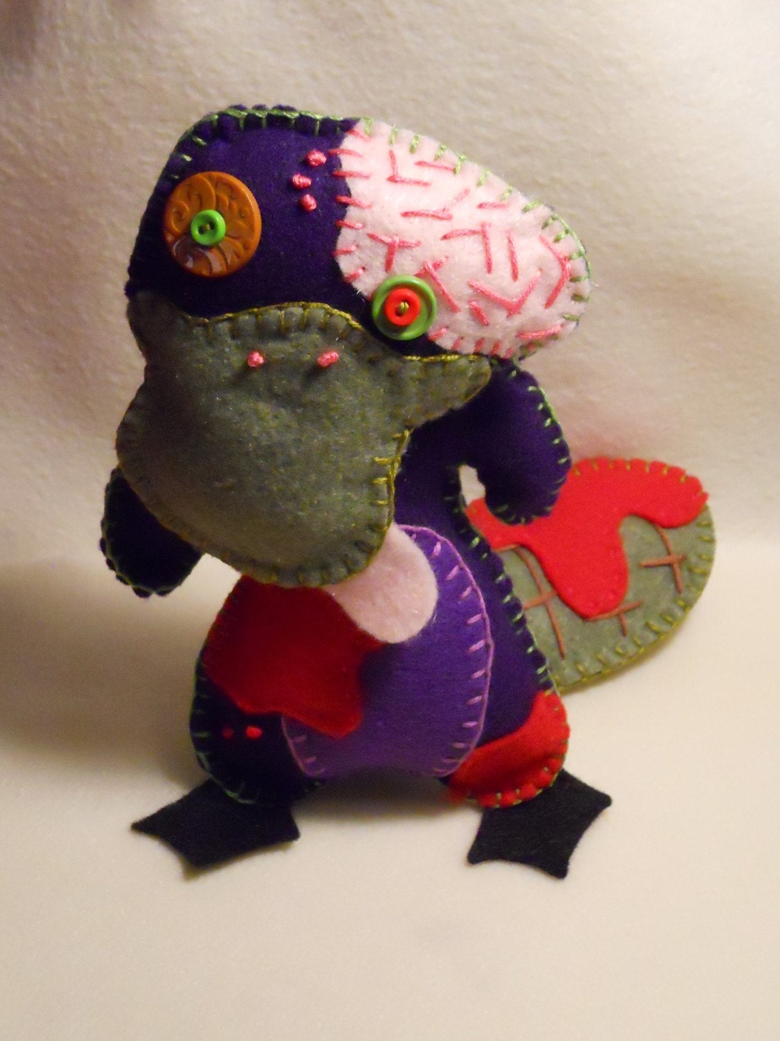 Patrick the Zombie Platypus, hand sewn and Ecofriendly, he needs a new home.