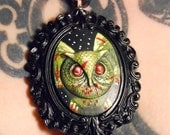 Zombie Owl, Living dead Cameo Necklace, handpainted numbered and signed by the artist.