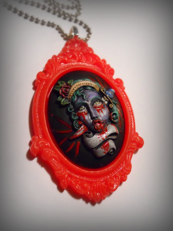 Beheaded Tattoo Girl w/ banner Cameo Necklace, hand painted numbered and signed by the artist, gorey