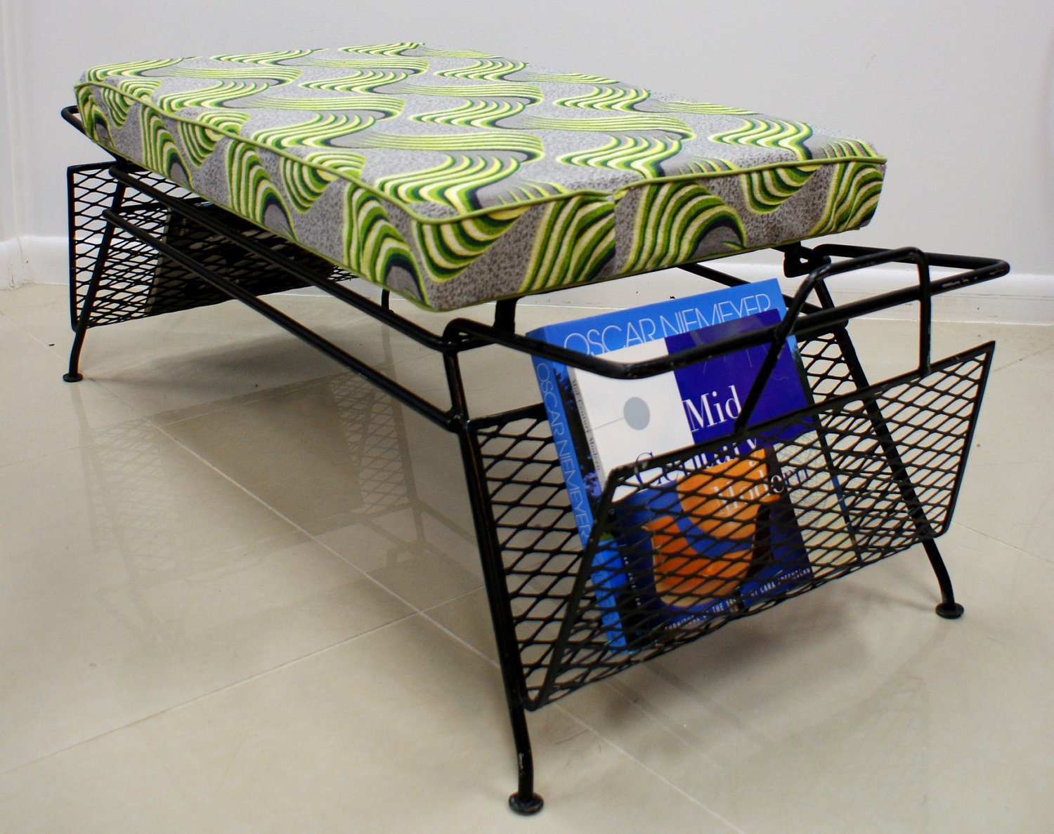 Mid Century Modern Bench 1950s Barkcloth Wrought Iron Ottoman with Magazine Racks