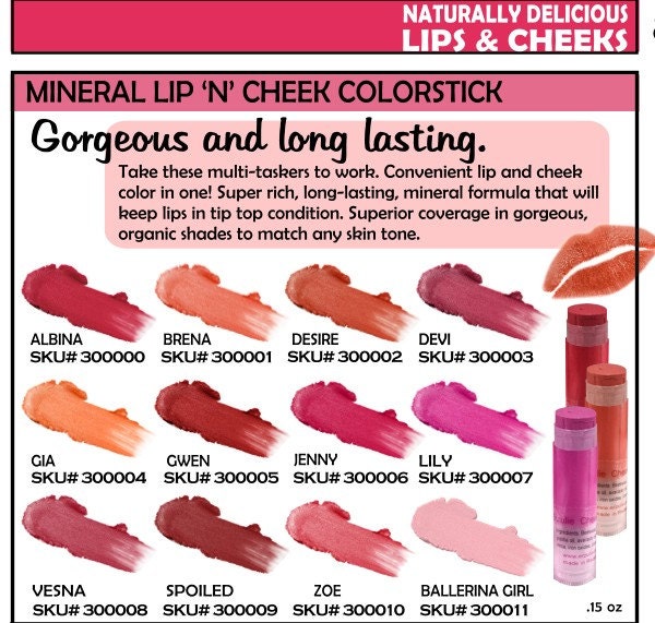 Your Choice of Two Colors All Natural Cream Blush and Lipstick Colorstick  Acne Safe Mineral Makeup with Argan Oil