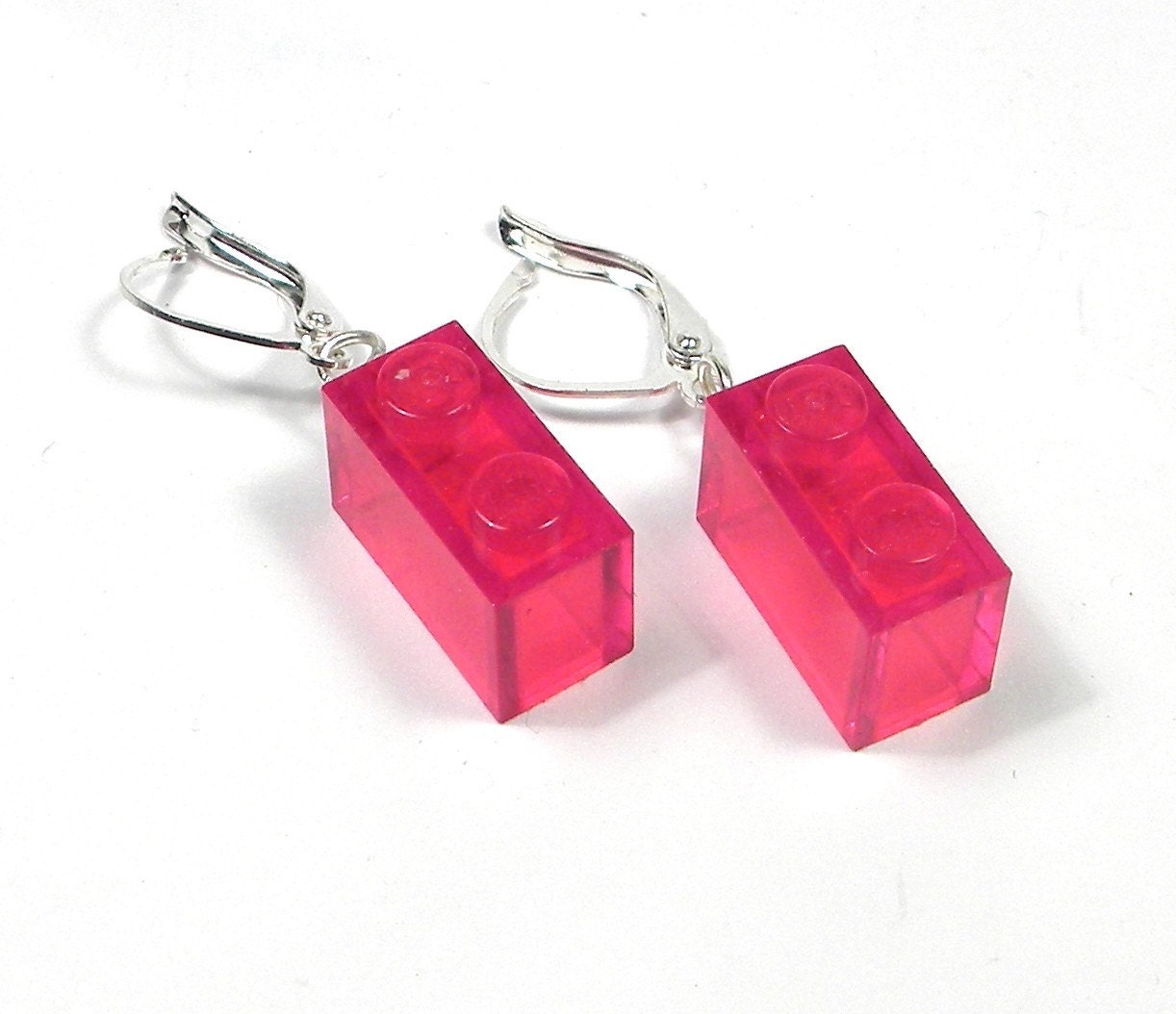 Small Clear Red Lego Brick Earrings