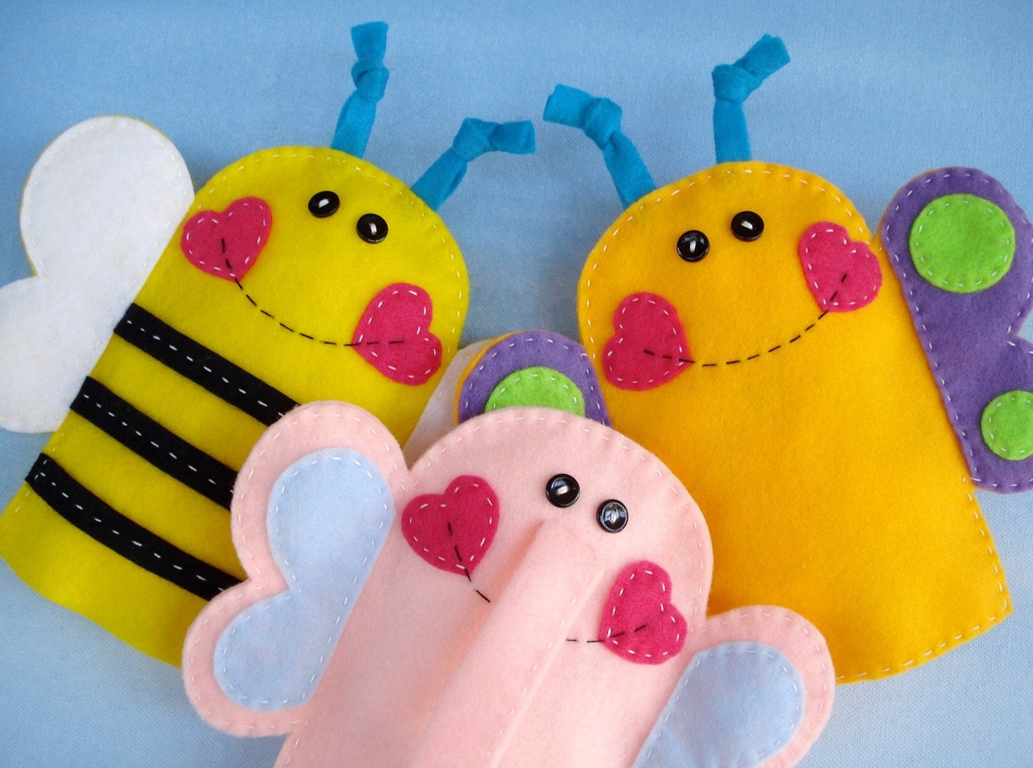 SALE - PDF ePATTERN for Elephant, Butterfly and Bee Felt Hand Puppets