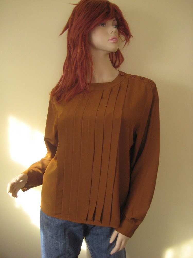 Vintage 80s Polyester Secretary Blouse in Brown, M-L