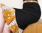Black Wool Tulip Skirt w Gold & White Printed Vintage Cotton Trim, High Waist, Vintage 50's style, Fully Lined, Pencil Skirt.