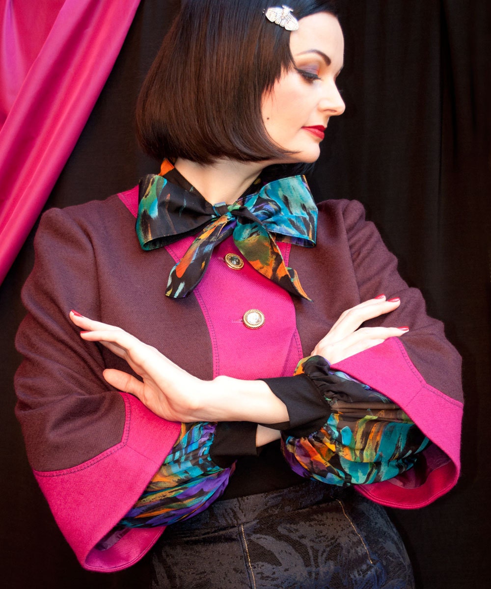 Pink Cropped Bolero Jacket, w Pink & Purple/Brown Wool, Long Wide Sleeve, The Rosavar Bolero, Vintage Buttons, Fully Lined.