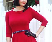 Red Long Dress, Jersey Knit w Pleats at Waist & Black Lace Detail, The Black Rose Red Dress, Long Sleeve, Long Full Skirt, Limited Edition.