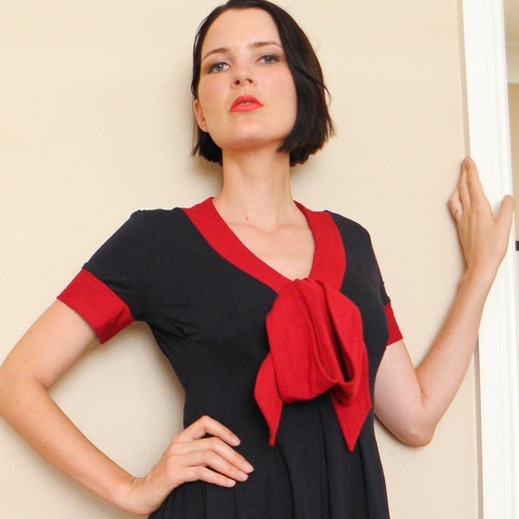 Red Navy Dress w Large Bow at V-neck, Jersey Knit Dress, Knee Length, Short Sleeved, Large Red Bow at Bust, Nautical.