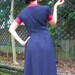 Red Navy Dress w Large Bow at V-neck, Jersey Knit Dress, Knee Length, Short Sleeved, Large Red Bow at Bust, Nautical.