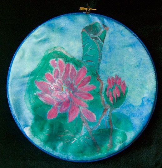 Waterlily  Painting on Silk -Framed in Embroidery Hoop