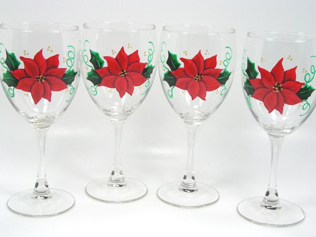 Beautiful Red Poinsettia Hand Painted Christmas Wine Glasses