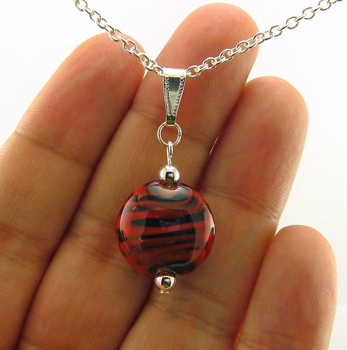 Orange and Black Halloween Lampworked Glass Bead Necklace