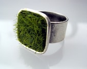Lush Green Grass Silver Square Adjustable Wide Band Ring