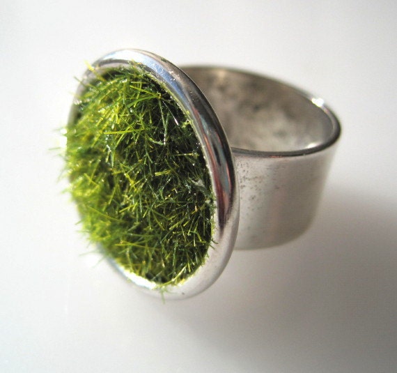 Green Grass Ring in Silver wide Adjustable Band