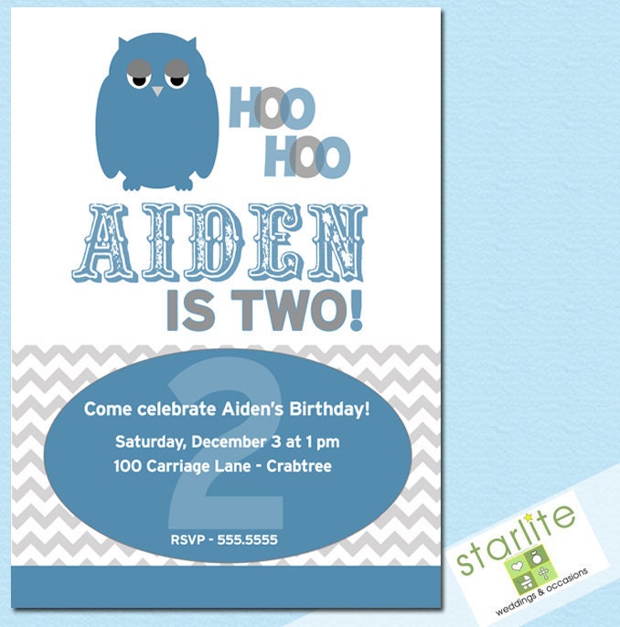 Little Owl Modern Chevron Birthday - Boy Invitation - Blue and Gray - Personalized Printable