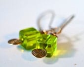 Green Cubes Antiqued Brass Wire Wrapped Earrings - SALE 15% Off