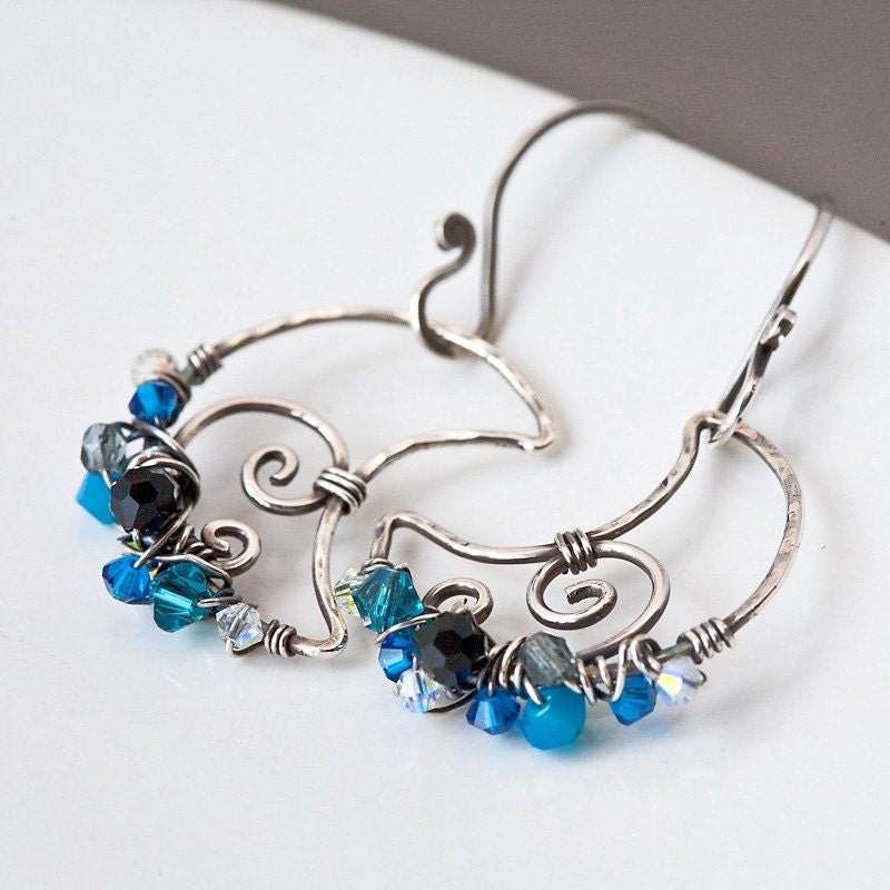 Night Sky Blue Moon - Wire and Blue and Black Crystal Wrapped Sterling Silver Earrings - SALE 15% Off