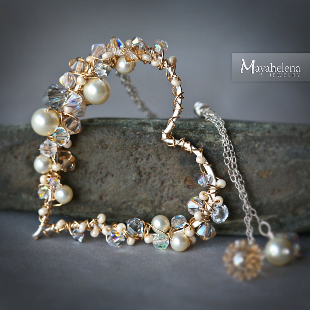 Pearl and Crystal Sterling and Gold Wire Wrapped Heart Lariat - SALE 15% Off