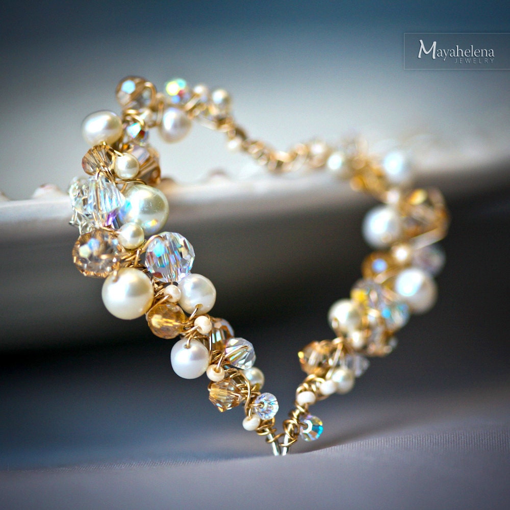 Pearl and Crystal Sterling and Gold Filled Wire Wrapped Heart Lariat - SALE 15% Off