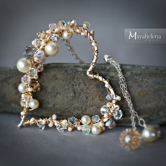 Pearl and Crystal Sterling and Gold Wire Wrapped Heart Lariat - SALE 15% Off