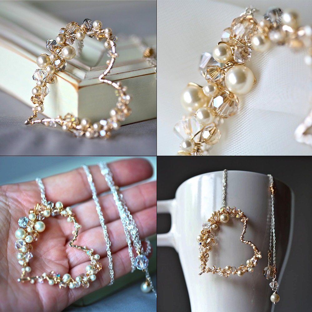 Pearl and Crystal Sterling and Gold Wire Wrapped Heart Lariat - SALE 15% Off