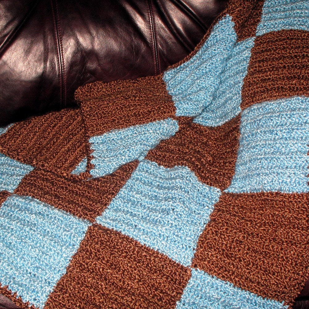 Brown and Blue Luxurious Baby Blanket baby homespun soft chocolate squares blocks crib afghan lap