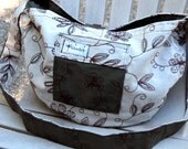 REVERSIBLE Shoulder Handbag in Beige Green & Brown Linen hobo messenger fabric pea avacado flower floral ecru tan pockets long Shoulder
