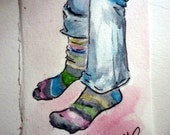Striped socks original watercolor ACEO
