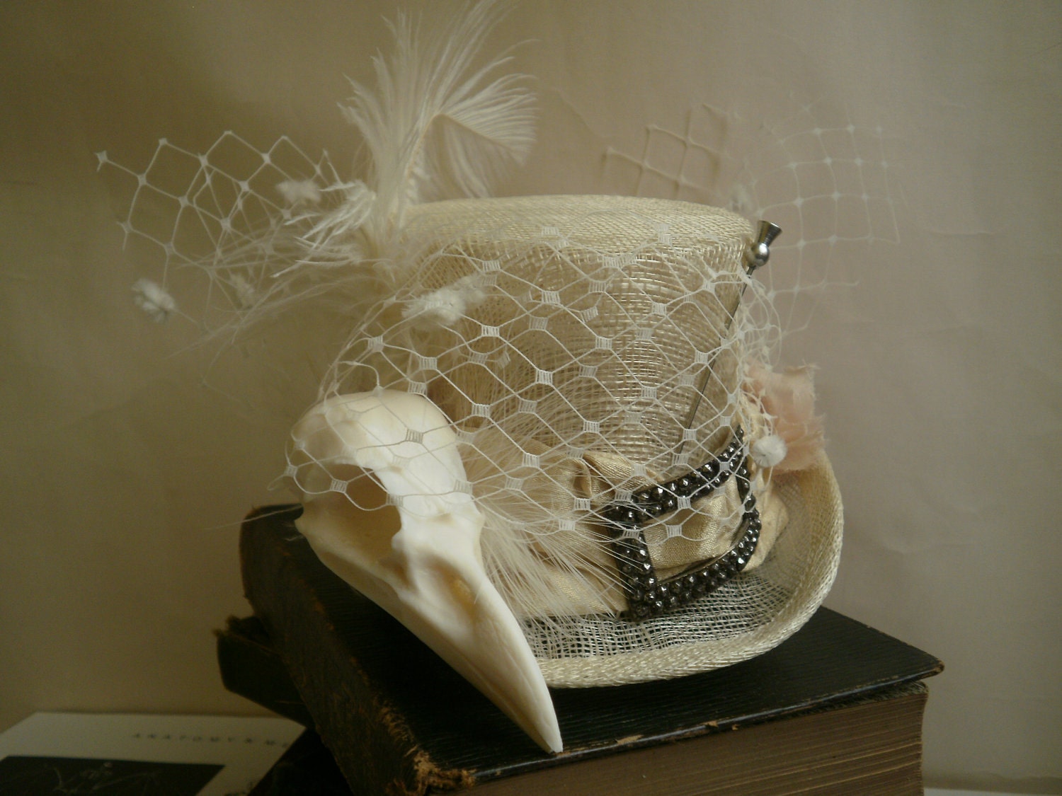Gothic Wedding Faux Crow Skull Mini Top Hat in Ivory - Cream.