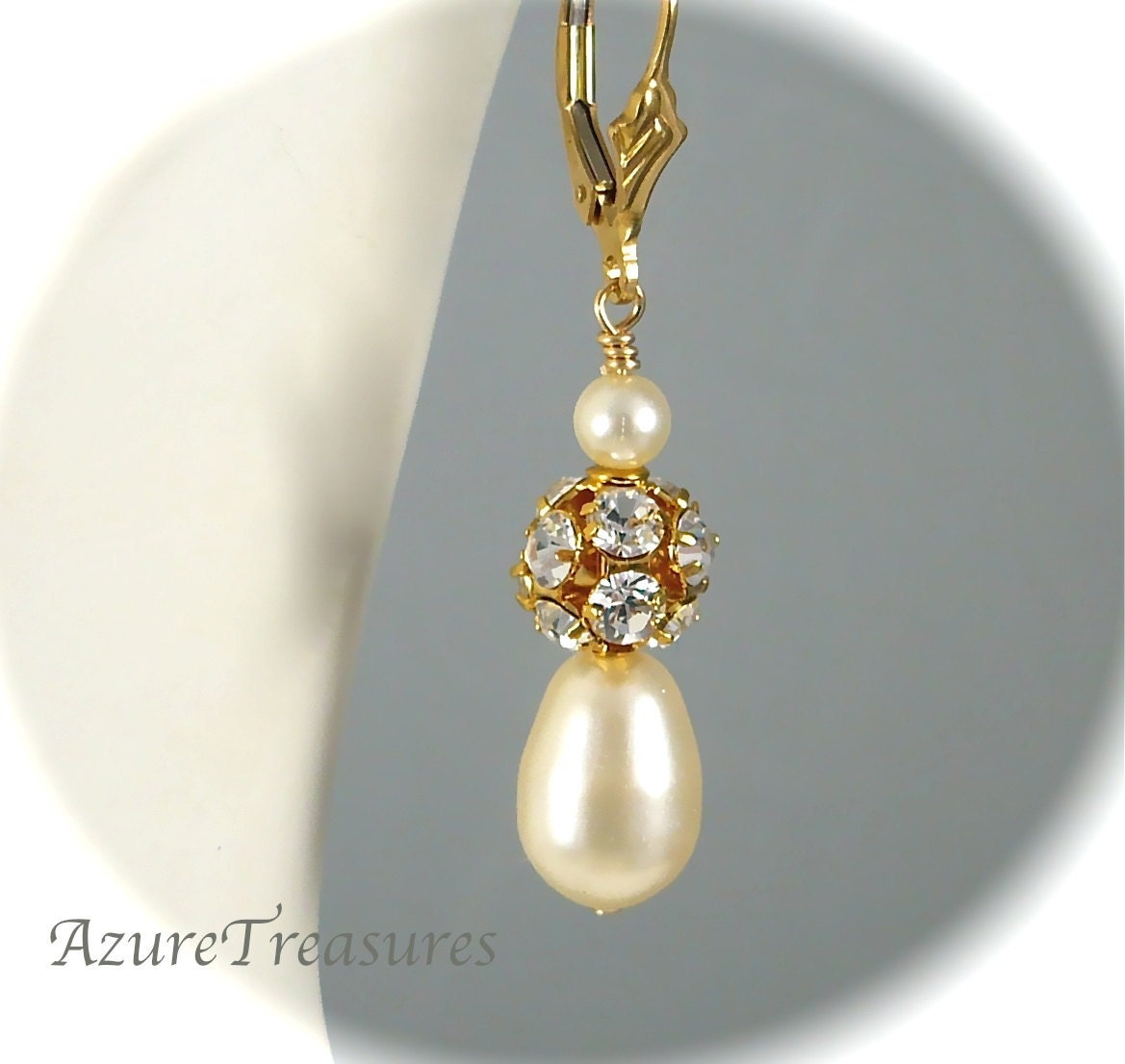 Vintage Style Pearl Bridal Earrings, Swarovski Fireballs and Pearls, Gold Earrings, Wedding Jewelry