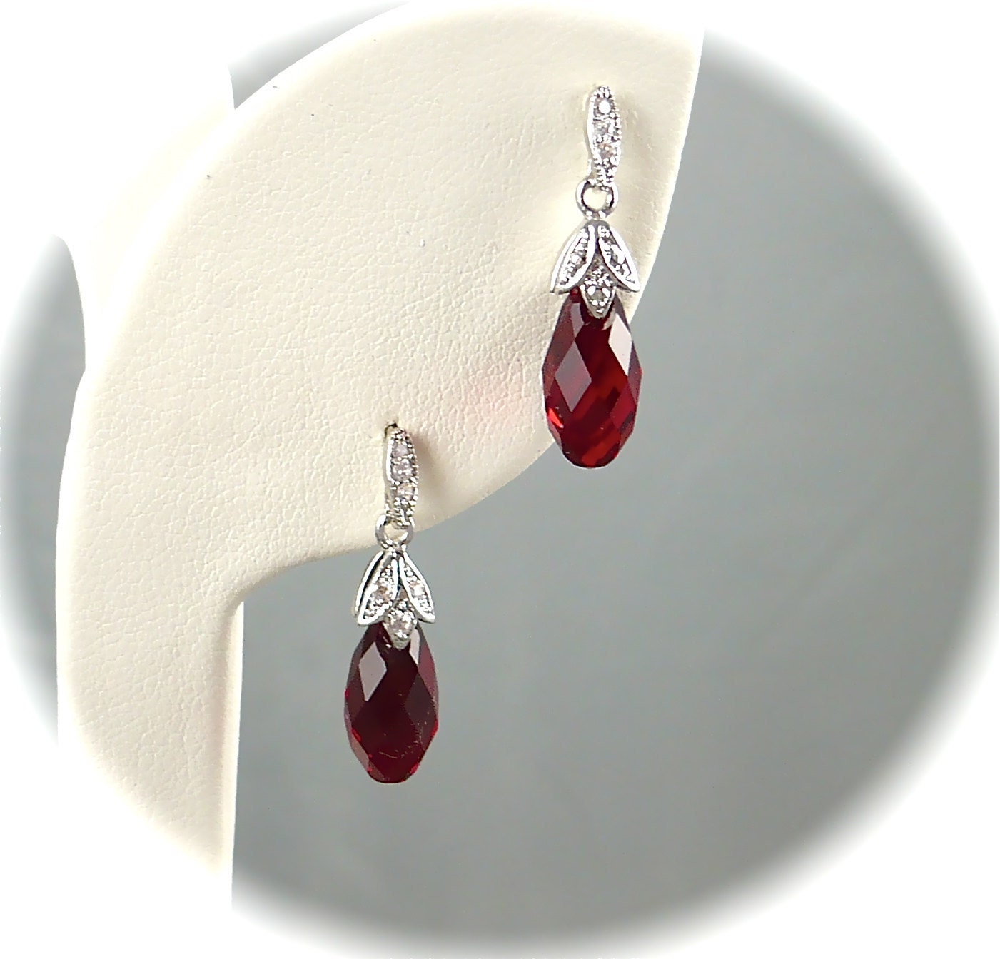 Swarovski Red Crystal Earrings, Red Earrings, CZ, Siam Red Teardrops Sterling Silver Posts Studs Vintage Style Bridal Wedding Jewelry