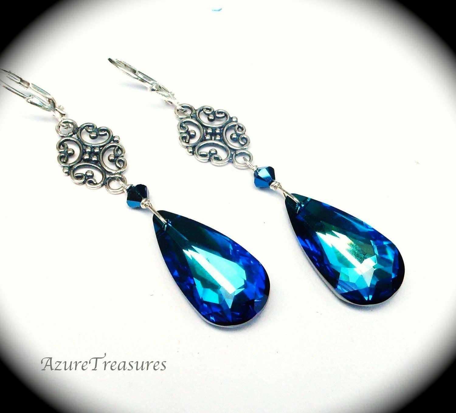Peacock Blue Earrings, Swarovski Bermuda Blue Crystal Earrings, Vintage Style, Long, Sterling Silver, Bridal Wedding Bridesmaids Jewelry