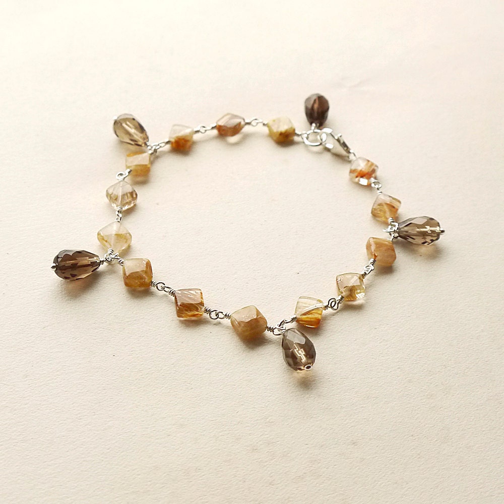 Bracelet. Wire Wrapped Silver. Smoky Quartz. Gold Rutilated Quartz. Fedora