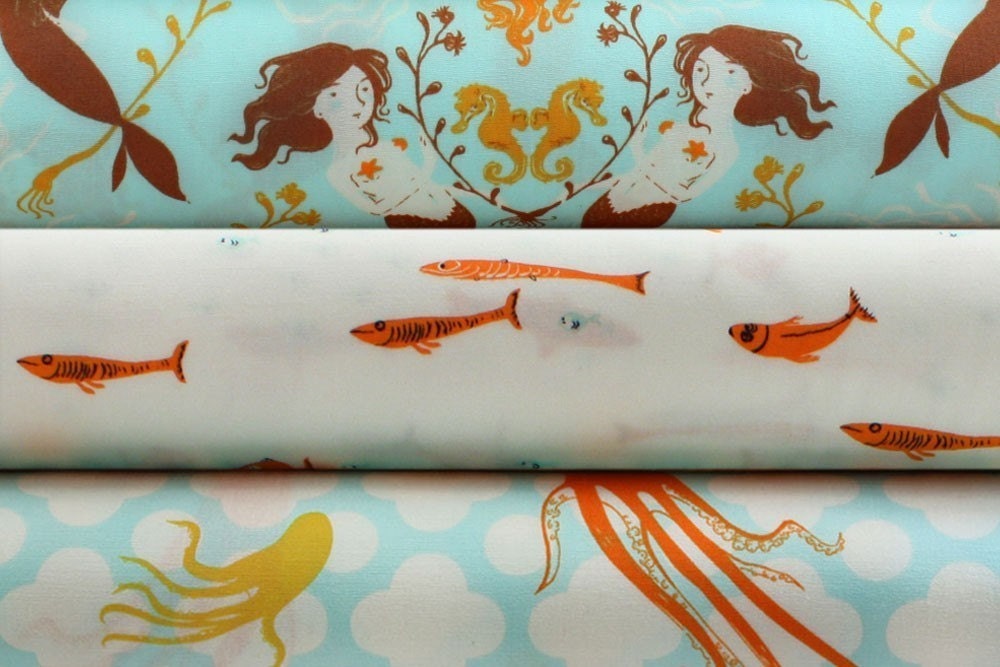 SALE New Heather Ross Mendocino Fabric - Aqua Yard Set - 3 Total