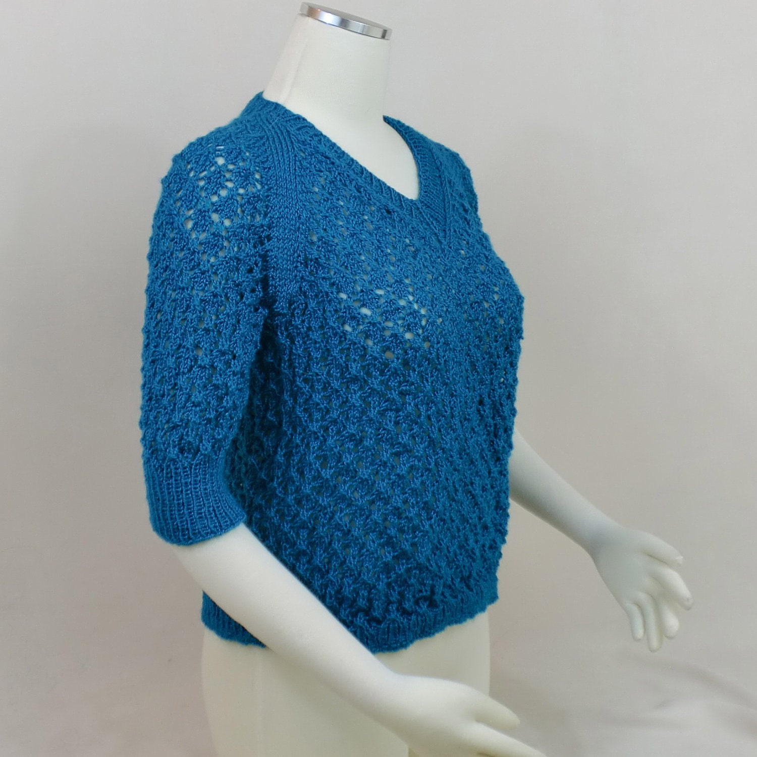 Blue Lace Summer Sweater Short Sleeves V Neck Turquoise Top