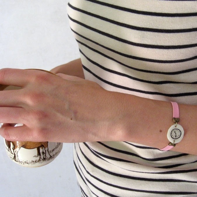 PINK Fake watch with elastic watchband. One-of-a-kind handmade Porcelain bracelet. Toy clock.