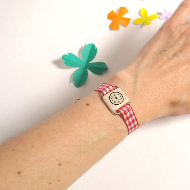Retro toy watch bracelet. One-of-a-kind handmade fake clock with Gingham watchband.