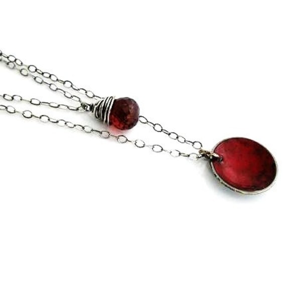 Necklace - Dual Pendants - Garnet / Enamelled Sterling Silver Dome