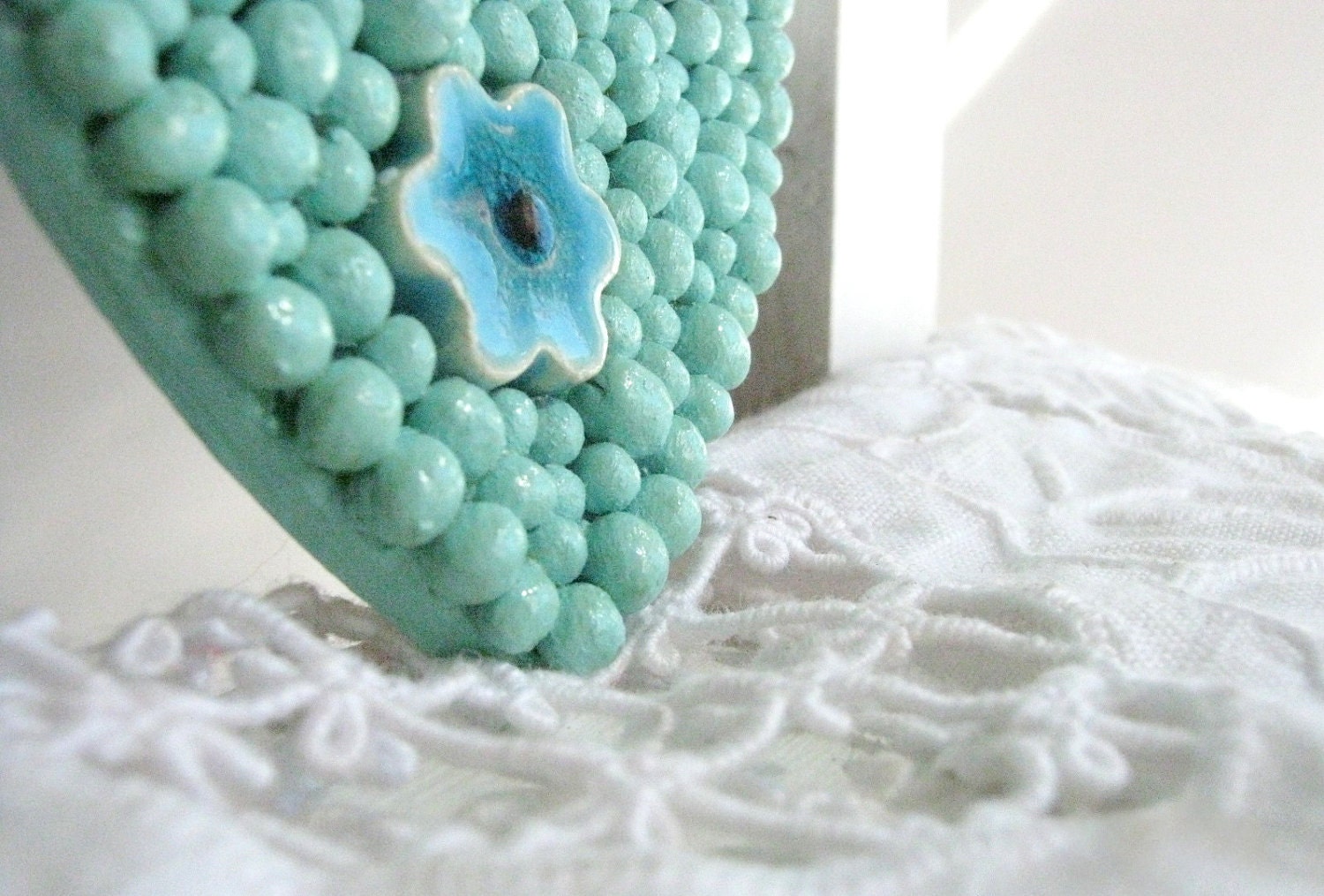 Seafoam and aqua clay flower heart - Wall Art