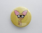 Chihuahua Pin Badge Button Geek Glasses Yellow