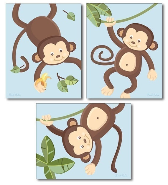 Set of 3 Blue Jungle Monkey Monkeys Nursery Art Prints