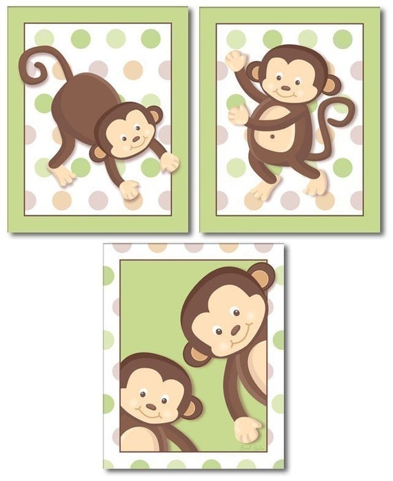 Set of 3 Monkey Pop Monkeys Nursery Decor Art Prints