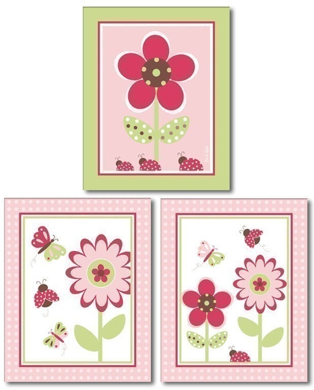 Set of 3 prints Berry Garden Flowers Butterflies Ladybugs